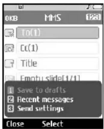 OKB MMS 123 To(1) Cc(1) Title Empty slide[1/1] 1 Save to drafts 2 Recent messages 3 Send settings Close Select