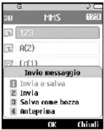 3B MMS 123 123 A(2) [r(1)] Invio messaggio 1 Invia e salva 2 Invia 3 Salva come bozza 4 Anteprima OK Chiudi