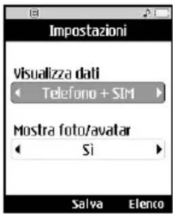 Impostazioni Visualizza dati Telefono + SIM Mostra foto/avatar Si Salva Elenco