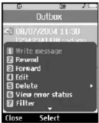 Outbox 08/07/2004 11:30 12342941 Fill progress Write message Resend Forward Edit Delete View error status Filter Close Select