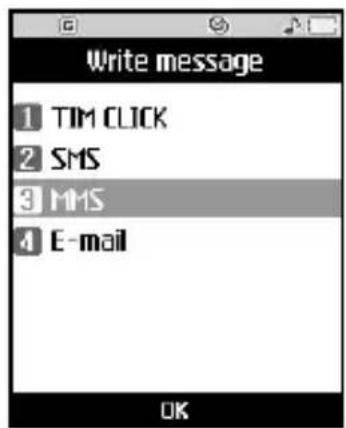 Write message 1 TIM CLICK 2 SMS 3 MMS 4 E-mail OK