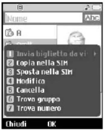 Nome Abe A Copia 1 Invia biglietto da vi 2 Copia nella SIM 3 Sposta nella SIM 4 Modifico 5 Cancella 6 Trova gruppo 7 Trova numero Chiudi OK