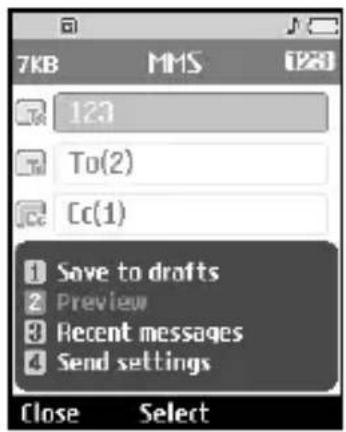 7KB MMS 123 To(2) Cc(1) ① Save to drafts ② Preview ③ Recent messages ④ Send settings Close Select