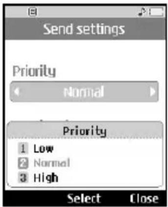 Send settings Priority Normal Priority 1 Low 2 Normal 3 High Select Close