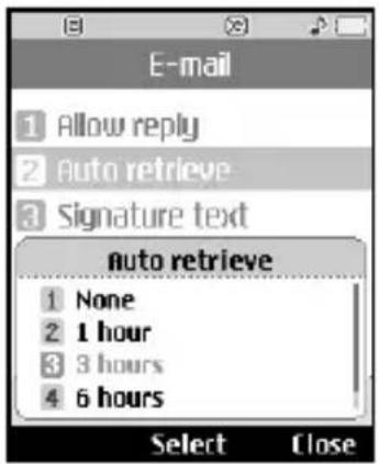 E-mail 1 Allow reply 2 Auto retrieve 3 Signature text Auto retrieve 1 None 2 1 hour 3 3 hours 4 6 hours Select Close