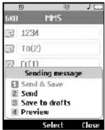 5KB MMS 1234 To(2) F(1) Sending message 1 Send & Save 2 Send 3 Save to drafts 4 Preview Select Close