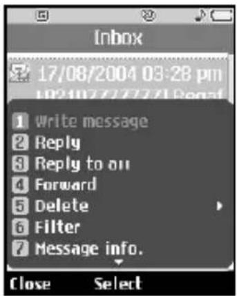 Inbox 17/08/2004 03:28 pm 1921027272721 Read 1 Write message 2 Reply 3 Reply to on 4 Forward 5 Delete 6 Filter 7 Message info. Close Select
