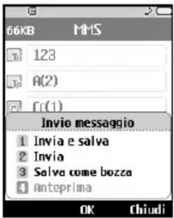 66KB MMS 123 A(2) F(1) Invio messaggio 1 Invia e salva 2 Invia 3 Salva come bozza 4 Anteprima OK Chiudi