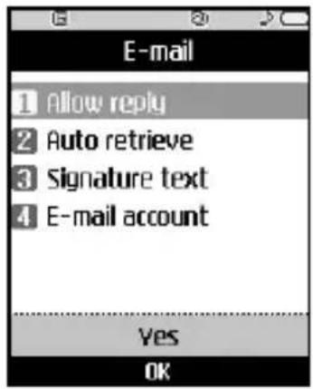 E-mail 1 Allow reply 2 Auto retrieve 3 Signature text 4 E-mail account Yes OK