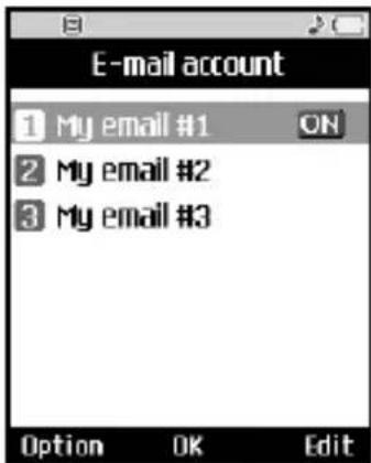 E-mail account 1 My email #1 ON 2 My email #2 3 My email #3 Option OK Edit
