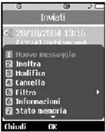 Inviati 28/10/2004 13:16 [12]41 Pichiamami 1 Nuovo messaggio 2 Inoltra 3 Modifica 4 Cancella 5 Filtro 6 Informazioni 7 Stato memoria Chiudi OK