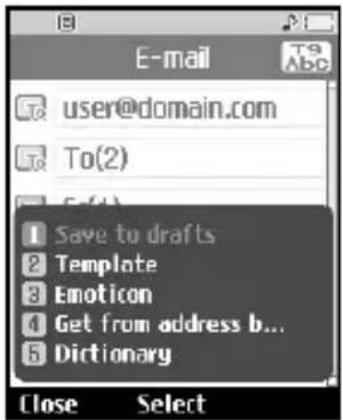 E-mail user@domain.com To(2) Save to drafts Template Emoticon Get from address b... Dictionary Close Select