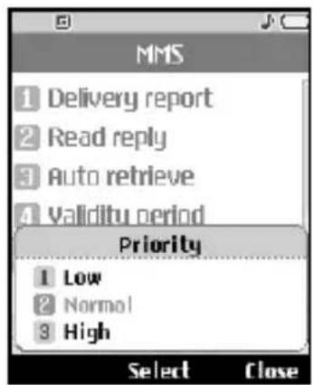 MMS 1 Delivery report 2 Read reply 3 Auto retrieve 4 Validity period Priority 1 Low 2 Normal 3 High Select Close