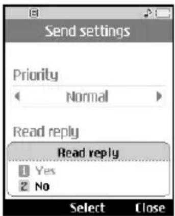 Send settings Priority Normal Read reply Read reply 1 Yes 2 No Select Close
