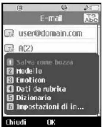 E-mail user@domain.com A(2) 1 Salva: rome bozza 2 Modello 3 Emoticon 4 Dati da rubrica 5 Dizionario 6 Impostazioni di in... Chiudi OK