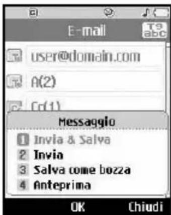 E-mail user@domain.com A(2) Cr(1) Messaggio 1 Invia & Salva 2 Invia 3 Salva come bozza 4 Anteprima OK Chiudi