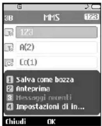 3B MMS 123 123 A(2) Cc(1) Salva come bozza Anteprima Messaggi recenti Impostazioni di in... Chiudi OK