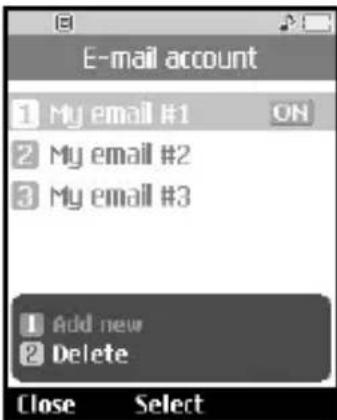 E-mail account 1 My email #1 ON 2 My email #2 3 My email #3 1 Add new 2 Delete Close Select