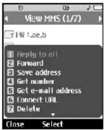 View MMS (1/7) FW :.ae.b 1 Reply to all 2 Forward 3 Save address 4 Get number 5 Get e-mail address 6 Connect URL 7 Delete Close Select