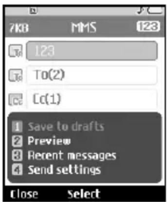 7KB MMS 123 To 123 To To(2) Cc(1) 1 Save to drafts 2 Preview 3 Recent messages 4 Send settings Close Select