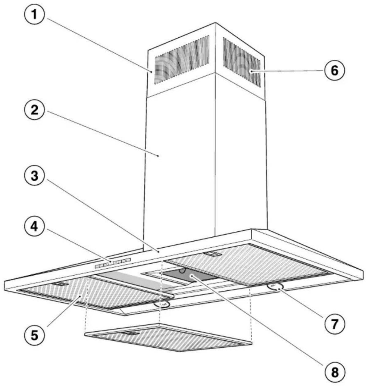 Labeled diagram of a kitchen ventilation system with numbered components