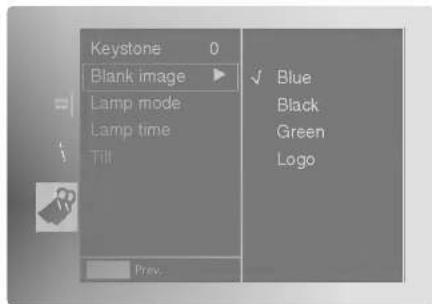 Keystone 0 Blank image ▶ Lamp mode Lamp time Till ✓ Blue Black Green Logo Prev.