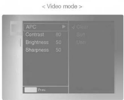 APC Contrast 80 Brightness 50 Sharpness 50 Clean Soft User Prev.