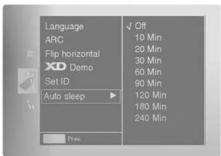 Language ARC Flip horizontal XD Demo Set ID Auto sleep ✓ Off 10 Min 20 Min 30 Min 60 Min 90 Min 120 Min 180 Min 240 Min Prev