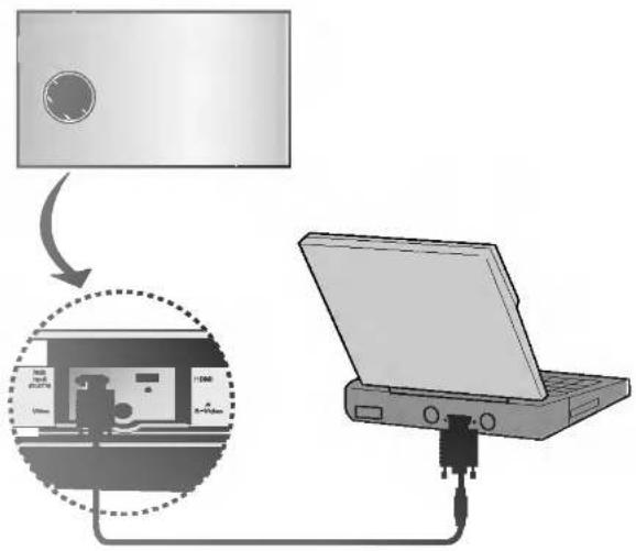 Diagram showing a device connected to a laptop via cable, with a magnified inset illustrating the setup.