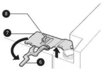 Technical diagram of a mechanical assembly with numbered components and directional arrows indicating motion or movement.