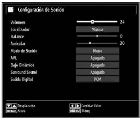 Configuración de Sonido Volumen 24 Ecualizador Música Balance 0 Auricular 20 Mode de Sonido Mono AVL Apagado Bajo Dinámico Apagado Surround Sound Apagado Salida Digital PCM Desplazarse Cambiar Valor Atrás MENU Stang