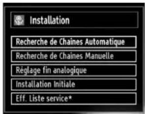 Installation Recherche de Chaines Automatique Recherche de Chaines Manuelle Réglage fin analogique Installation Initiale Eff. Liste service*