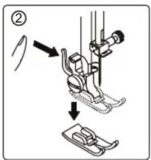 Diagram showing a sewing machine with labeled parts and directional arrows indicating motion or assembly steps.