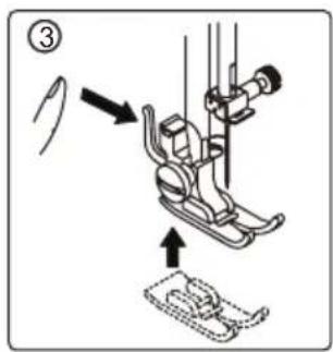 Diagram illustrating a sewing machine operation with labeled parts and directional arrows indicating motion