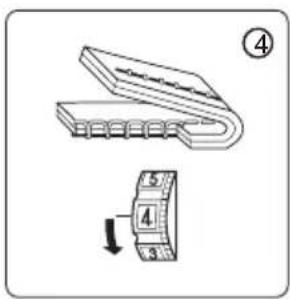 Diagram showing a mechanical assembly with numbered parts and a directional arrow indicating movement or change.