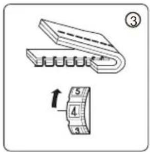Diagram showing two steps of a mechanical component: opening and cutting with numbered parts, labeled ③ and ⑤.
