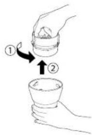 Diagram showing two hands holding a cup, with numbered instructions indicating step ① and step ②.