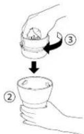 Diagram showing a hand holding a cup with three steps labeled ②, ③, and an arrow indicating direction.