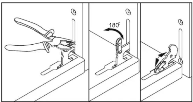 Technical diagram showing three steps of a tool manipulation process with 180° angle annotation