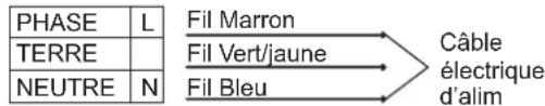 PHASE L TERRE NEUTRE N Fil Marron Fil Vert/jaune Fil Bleu Câble électrique d'alim