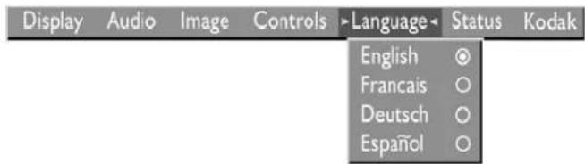 Display Audio Image Controls Language Status Kodak English ○ Francais ○ Deutsch ○ Español ○