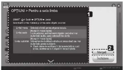 OPTIUNI > Pentru a seta limba SMART Q = Sardin ● OPTIUNI ● Limba selectranta limba menura e limba subline afanti se ercon. Limba menu Selecta la limba pentru atparca teratua. Limba audio N mle in mane optaj La visualizarea and transesii digitici contendui mai mulu imla adiva, parz selecta limba dita N mle in mane optaj Limba subline Ulbrare fonta si un amse dual tan ma mulu imla peratu subarea ● Dual capere de sublure in limba selecida in an lina, asferrare si 1 spinti in limba intola 2 Marget Inchidere