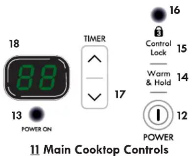 18 88 13 POWER ON TIMER 17 16 Control Lock 15 Warm & Hold 14 POWER 12 11 Main Cooktop Controls