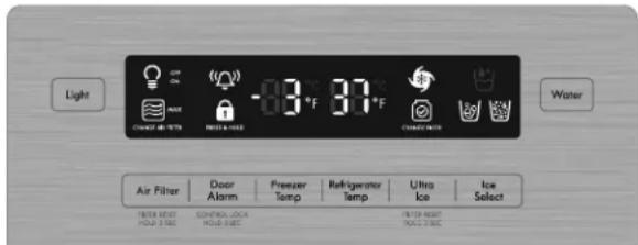 Light Air Filter Door Alarm Freezer Temp Refrigerator Temp Ultra Ice Ice Select TERTER REEET CONTROLLOCK FILTER REEET HOLD 3 SDC HOLD 3 SDC HOLD 3 SDC HOLD 3 SDC
