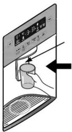Diagram showing a hand pouring liquid into a cup inside a digital display with temperature and volume indicators