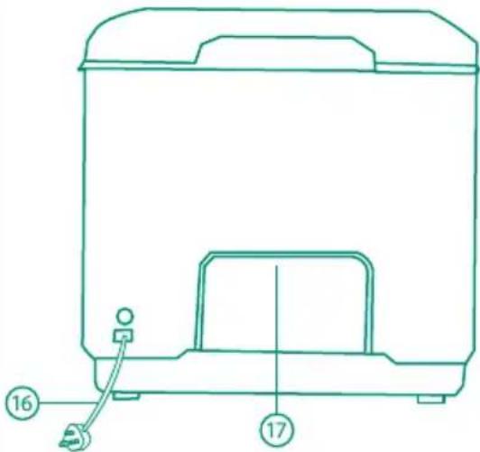 Technical diagram of a container with labeled parts 16 and 17, showing internal structure and connection points.