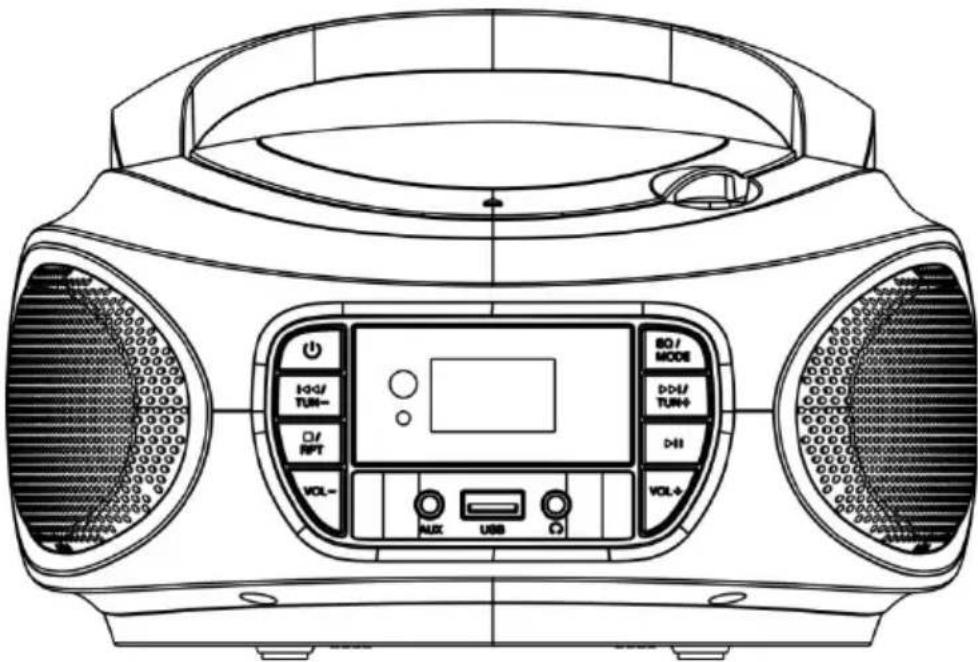 Technical line drawing of a portable radio with labeled buttons and display screen