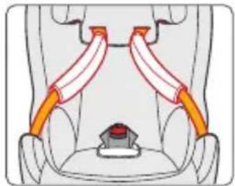 Diagram of a car seat with orange bands and red connectors, no text or symbols present