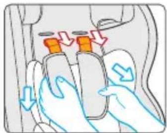 Illustration of hands installing or adjusting a car door panel with orange buttons and blue arrows indicating motion (no text or symbols)