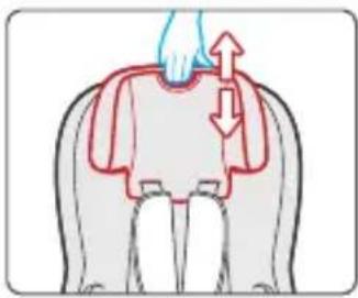 Illustration of a hand pressing down on a seated object with red arrows indicating motion or force direction (no text or symbols)
